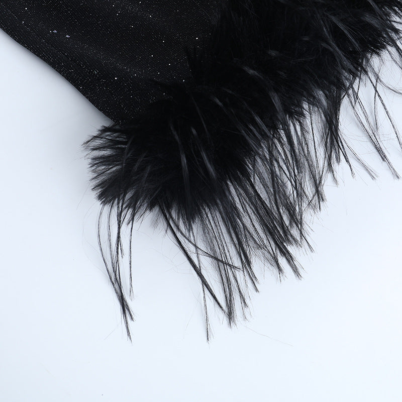 Glamorous Sweetheart Glitter Mini Dress with Feather Trim - Holiday & NYE Party Ready