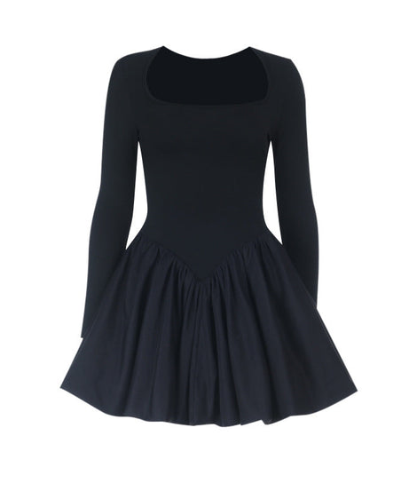 Fall & Holiday Ready: Chic Black Square Neck Long Sleeve Mini Dress - Flattering Ruched Skater