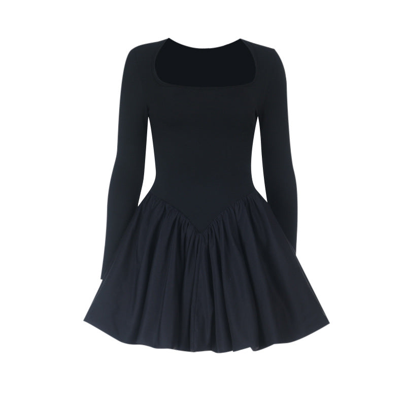 Fall & Holiday Ready: Chic Black Square Neck Long Sleeve Mini Dress - Flattering Ruched Skater