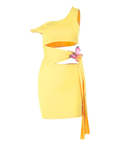 Sunshine Yellow Butterfly Cut-Out Mini Dress - One Shoulder, Vacation Ready