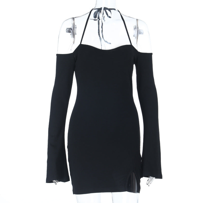 Fall Nights Out: Black Halter Off-Shoulder Long Sleeve Mini Dress with Slit | Chic & Flattering