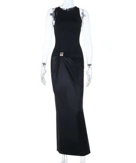 Elegant Black Bodycon Ruched Maxi Dress with Chic Buckle – Perfect for Fall & Holiday Occasions