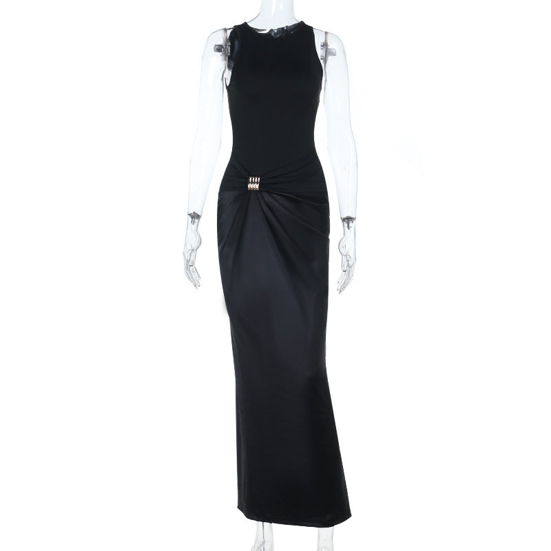 Elegant Black Bodycon Ruched Maxi Dress with Chic Buckle – Perfect for Fall & Holiday Occasions