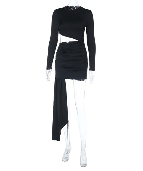 Show-Stopping Black Cut-Out Ruched Mini Dress | Draped Asymmetrical Hem for Fall & Holiday Parties