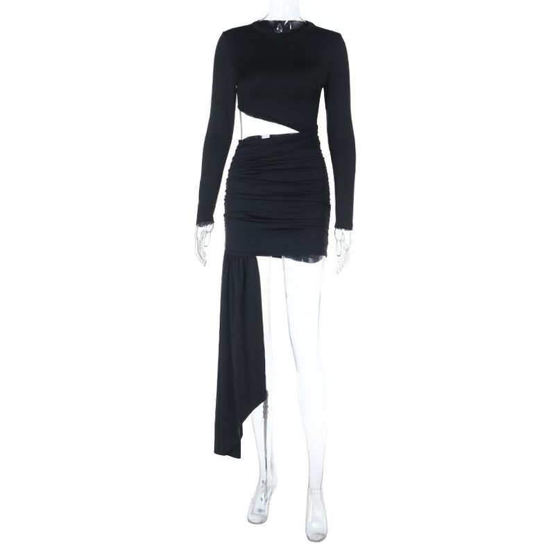 Show-Stopping Black Cut-Out Ruched Mini Dress | Draped Asymmetrical Hem for Fall & Holiday Parties
