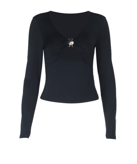 Fall Obsession: Black V-Neck Ruched Long Sleeve Top with Statement Shell Buckle