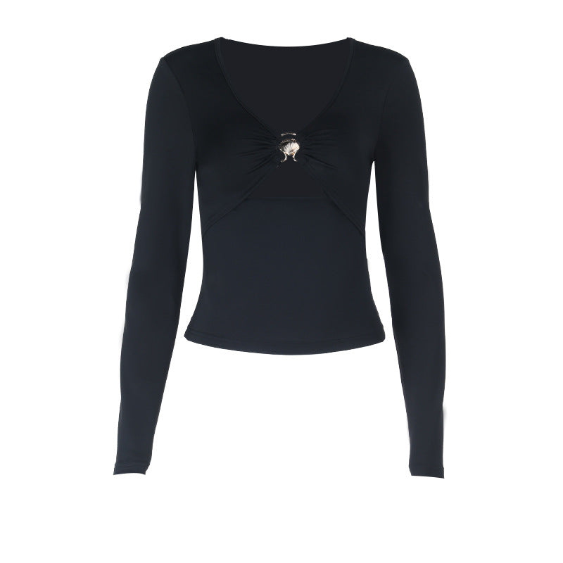Fall Obsession: Black V-Neck Ruched Long Sleeve Top with Statement Shell Buckle