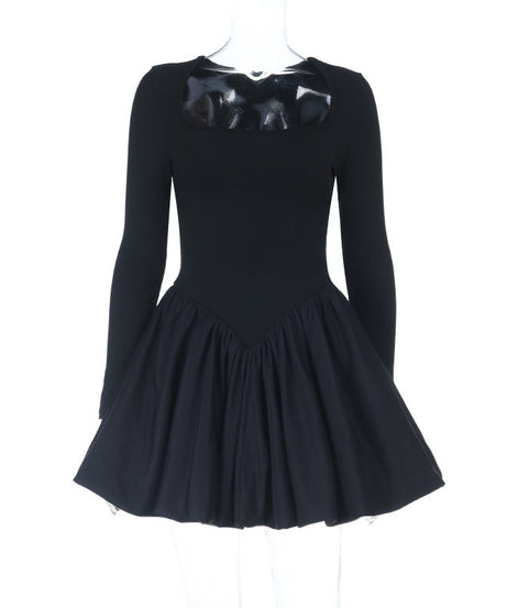 Fall & Holiday Ready: Chic Black Square Neck Long Sleeve Mini Dress - Flattering Ruched Skater