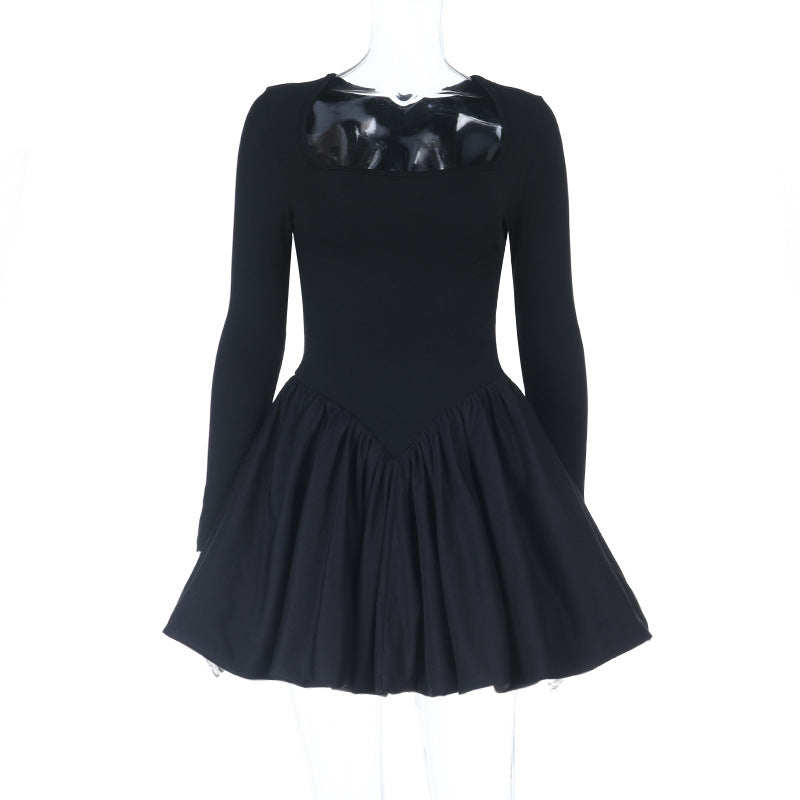 Fall & Holiday Ready: Chic Black Square Neck Long Sleeve Mini Dress - Flattering Ruched Skater