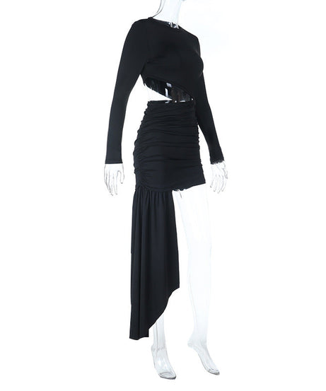 Show-Stopping Black Cut-Out Ruched Mini Dress | Draped Asymmetrical Hem for Fall & Holiday Parties