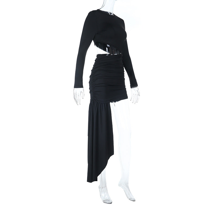 Show-Stopping Black Cut-Out Ruched Mini Dress | Draped Asymmetrical Hem for Fall & Holiday Parties