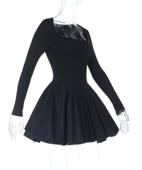 Fall & Holiday Ready: Chic Black Square Neck Long Sleeve Mini Dress - Flattering Ruched Skater