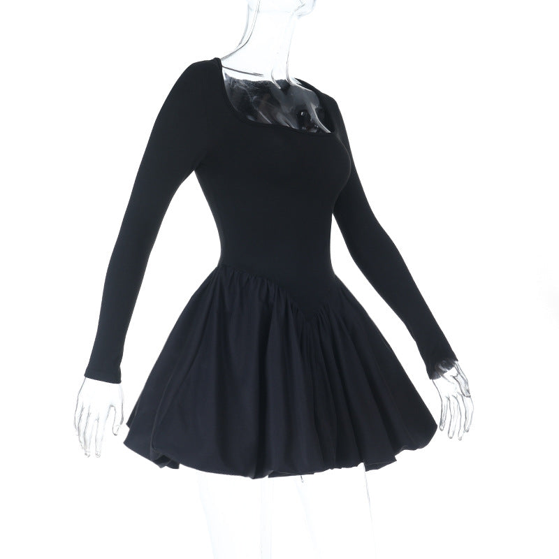 Fall & Holiday Ready: Chic Black Square Neck Long Sleeve Mini Dress - Flattering Ruched Skater