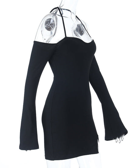 Fall Nights Out: Black Halter Off-Shoulder Long Sleeve Mini Dress with Slit | Chic & Flattering