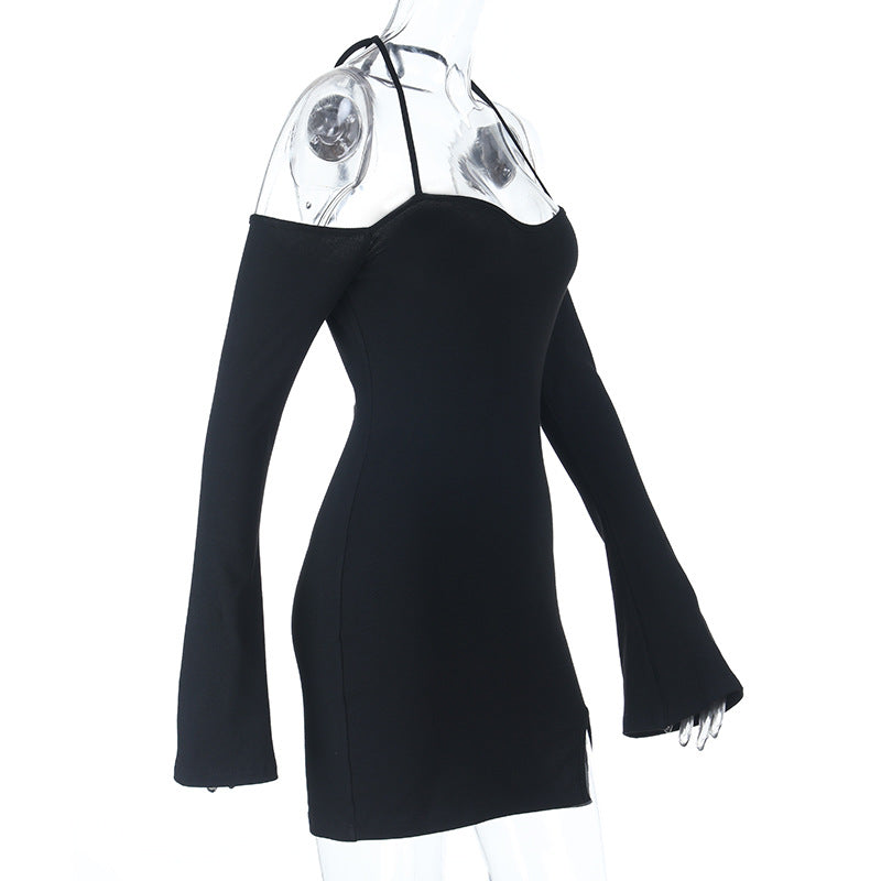 Fall Nights Out: Black Halter Off-Shoulder Long Sleeve Mini Dress with Slit | Chic & Flattering