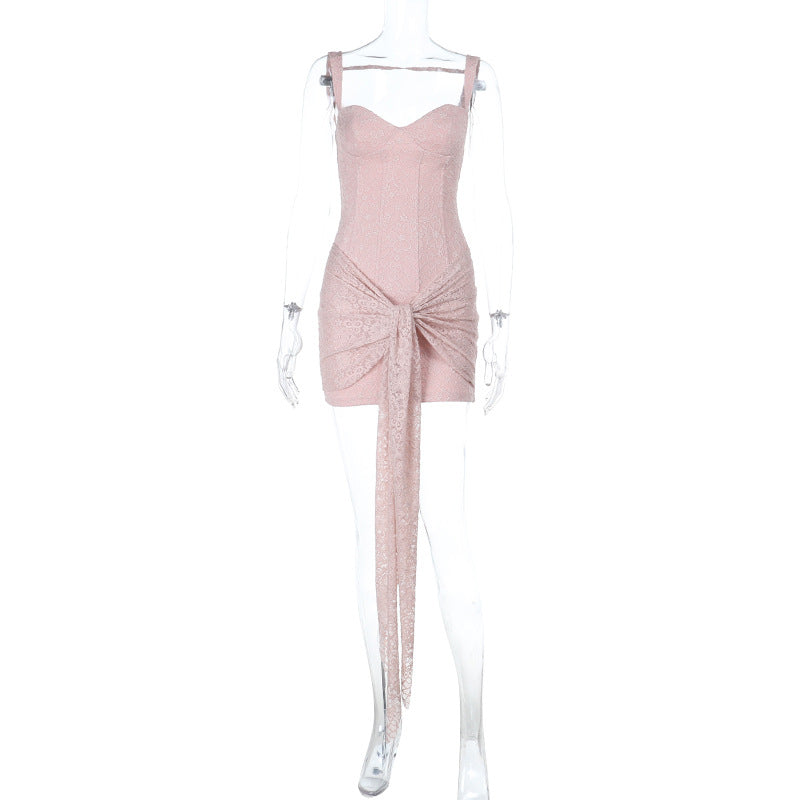 Chic Blush Lace Bustier Mini Dress with Draped Tie - Your Fall & Holiday Event Essential