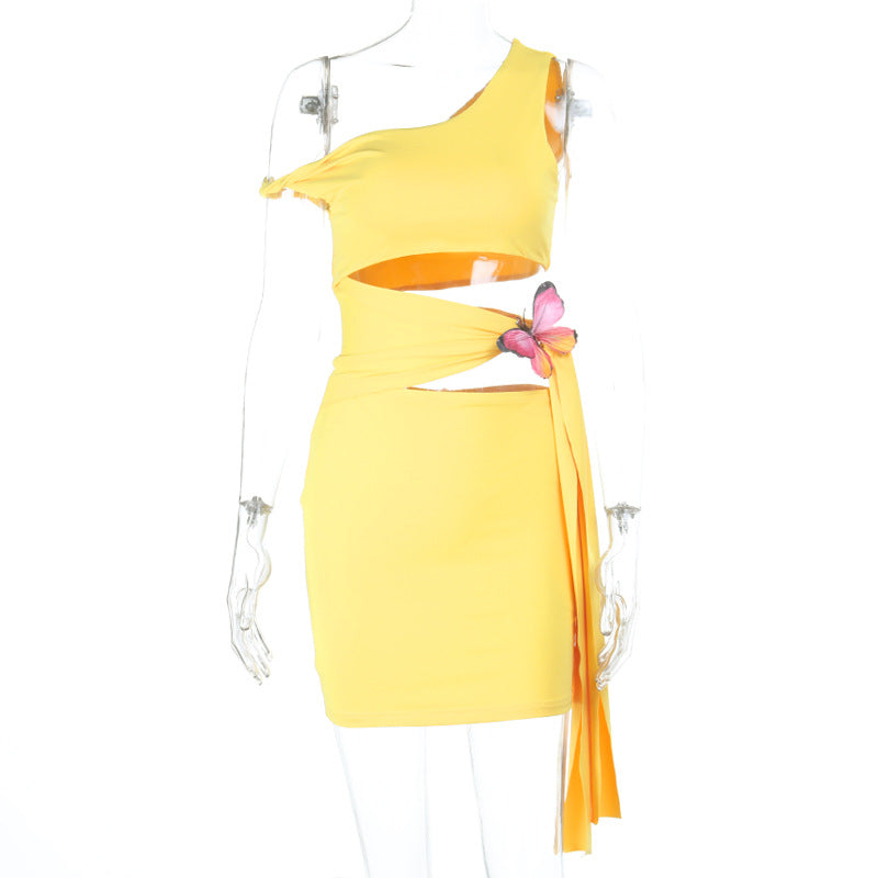 Sunshine Yellow Butterfly Cut-Out Mini Dress - One Shoulder, Vacation Ready