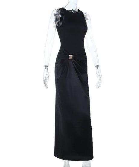 Elegant Black Bodycon Ruched Maxi Dress with Chic Buckle – Perfect for Fall & Holiday Occasions