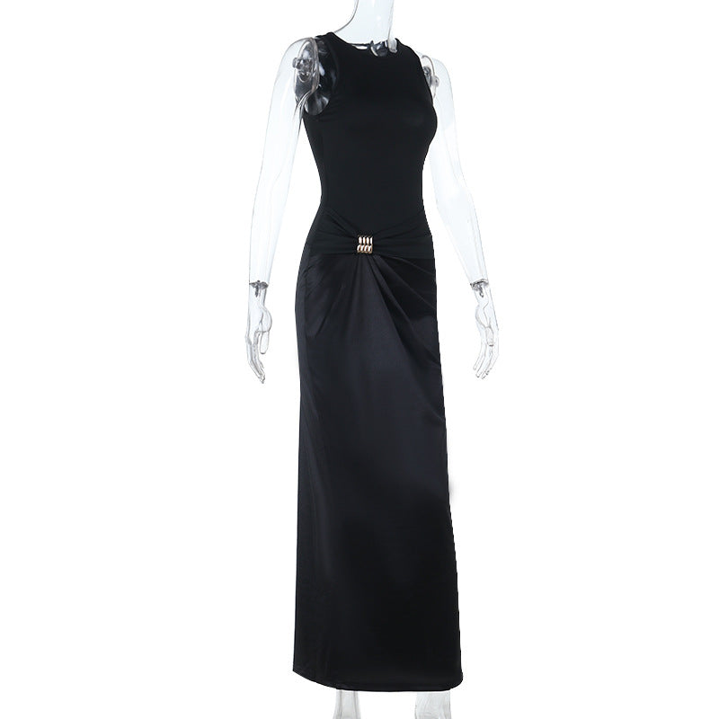 Elegant Black Bodycon Ruched Maxi Dress with Chic Buckle – Perfect for Fall & Holiday Occasions