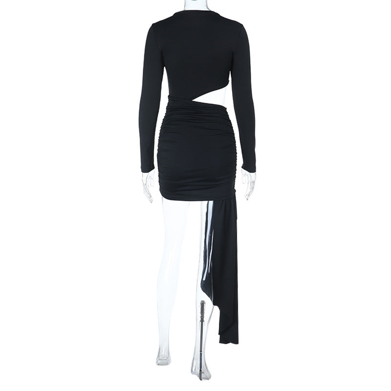 Show-Stopping Black Cut-Out Ruched Mini Dress | Draped Asymmetrical Hem for Fall & Holiday Parties