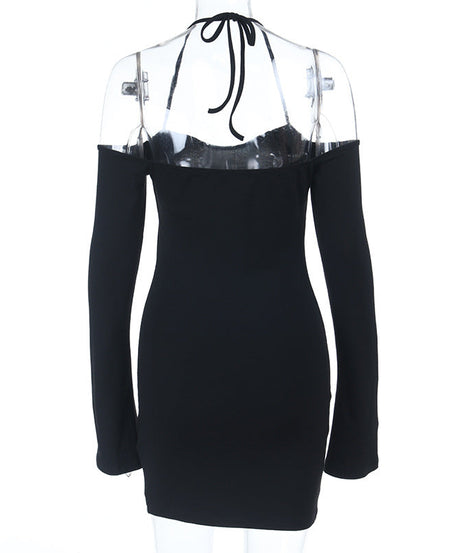 Fall Nights Out: Black Halter Off-Shoulder Long Sleeve Mini Dress with Slit | Chic & Flattering