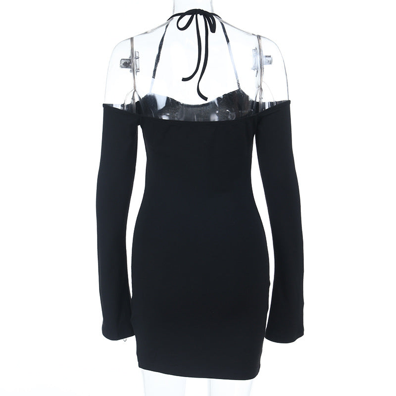 Fall Nights Out: Black Halter Off-Shoulder Long Sleeve Mini Dress with Slit | Chic & Flattering