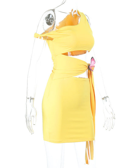 Sunshine Yellow Butterfly Cut-Out Mini Dress - One Shoulder, Vacation Ready