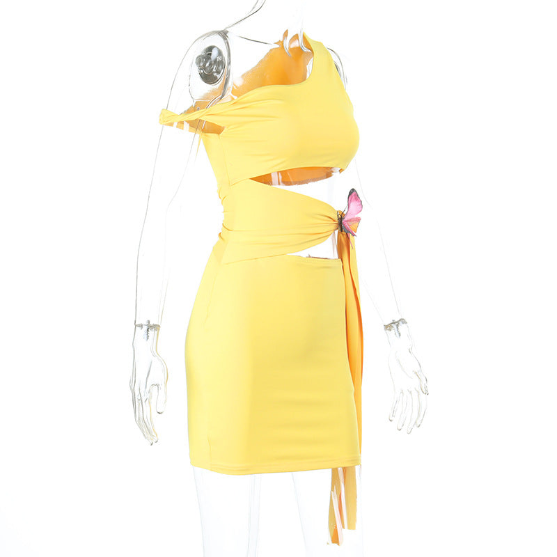 Sunshine Yellow Butterfly Cut-Out Mini Dress - One Shoulder, Vacation Ready