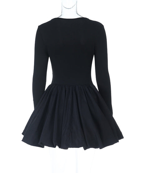 Fall & Holiday Ready: Chic Black Square Neck Long Sleeve Mini Dress - Flattering Ruched Skater