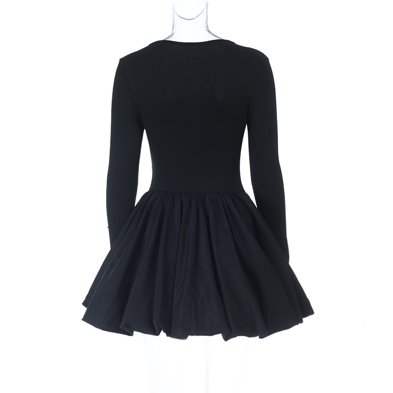 Fall & Holiday Ready: Chic Black Square Neck Long Sleeve Mini Dress - Flattering Ruched Skater
