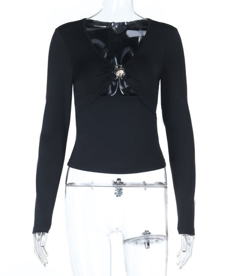 Fall Obsession: Black V-Neck Ruched Long Sleeve Top with Statement Shell Buckle