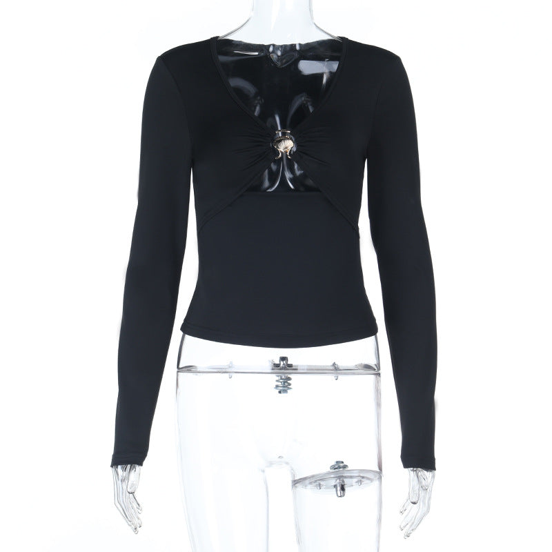 Fall Obsession: Black V-Neck Ruched Long Sleeve Top with Statement Shell Buckle