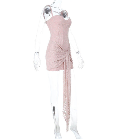 Chic Blush Lace Bustier Mini Dress with Draped Tie - Your Fall & Holiday Event Essential