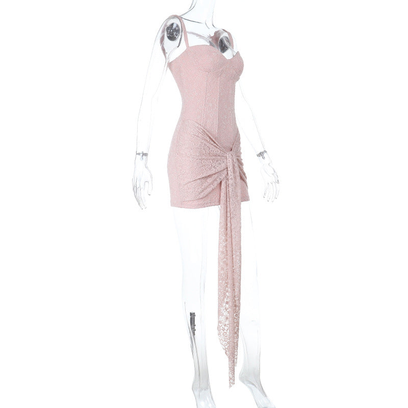 Chic Blush Lace Bustier Mini Dress with Draped Tie - Your Fall & Holiday Event Essential