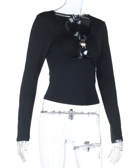 Fall Obsession: Black V-Neck Ruched Long Sleeve Top with Statement Shell Buckle