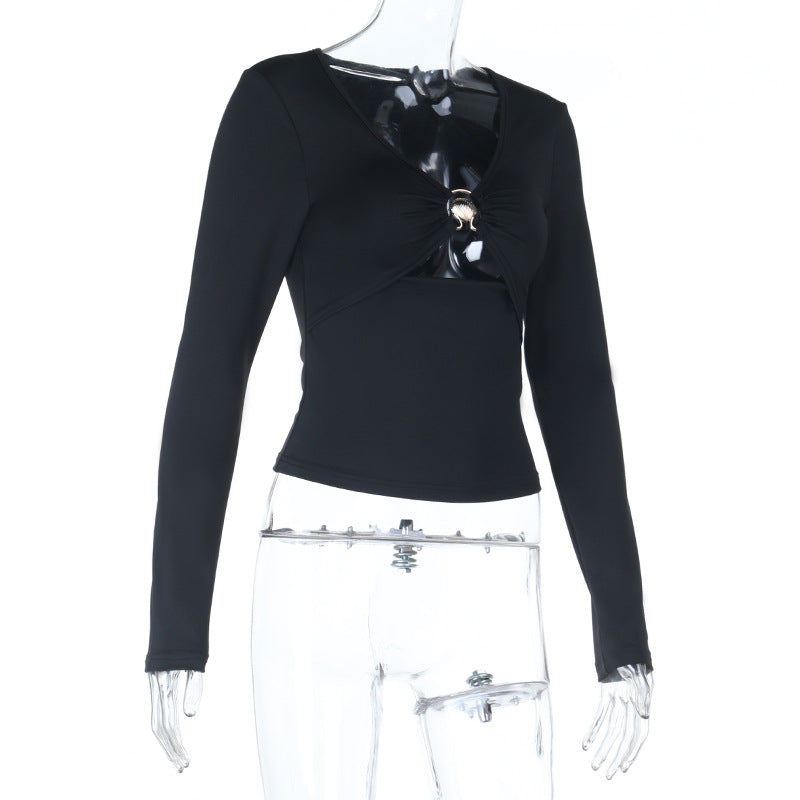 Fall Obsession: Black V-Neck Ruched Long Sleeve Top with Statement Shell Buckle