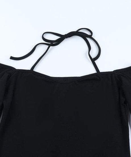 Fall Nights Out: Black Halter Off-Shoulder Long Sleeve Mini Dress with Slit | Chic & Flattering