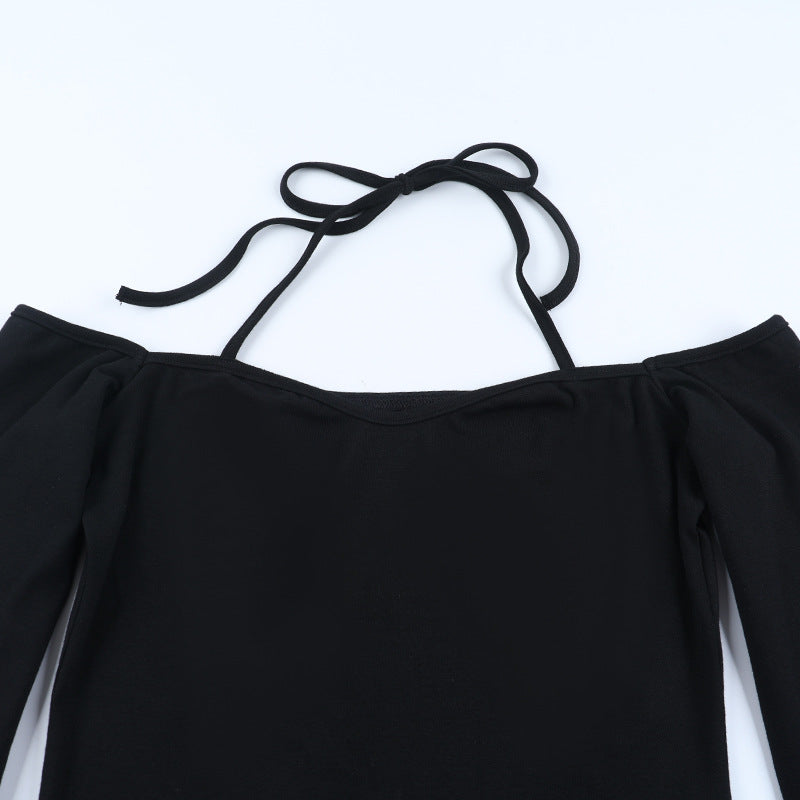 Fall Nights Out: Black Halter Off-Shoulder Long Sleeve Mini Dress with Slit | Chic & Flattering