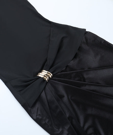 Elegant Black Bodycon Ruched Maxi Dress with Chic Buckle – Perfect for Fall & Holiday Occasions