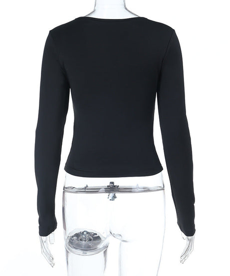 Fall Obsession: Black V-Neck Ruched Long Sleeve Top with Statement Shell Buckle