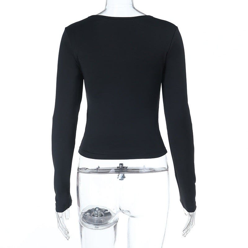 Fall Obsession: Black V-Neck Ruched Long Sleeve Top with Statement Shell Buckle