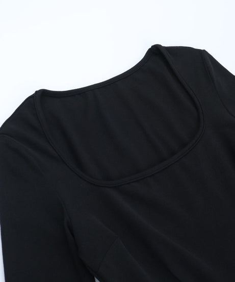 Fall & Holiday Ready: Chic Black Square Neck Long Sleeve Mini Dress - Flattering Ruched Skater