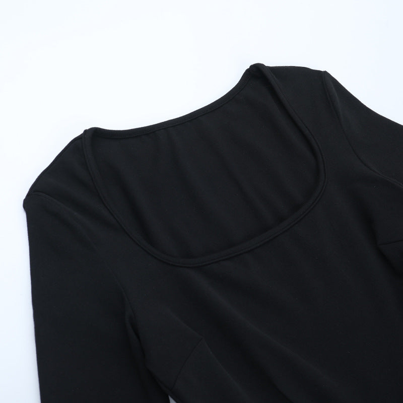 Fall & Holiday Ready: Chic Black Square Neck Long Sleeve Mini Dress - Flattering Ruched Skater