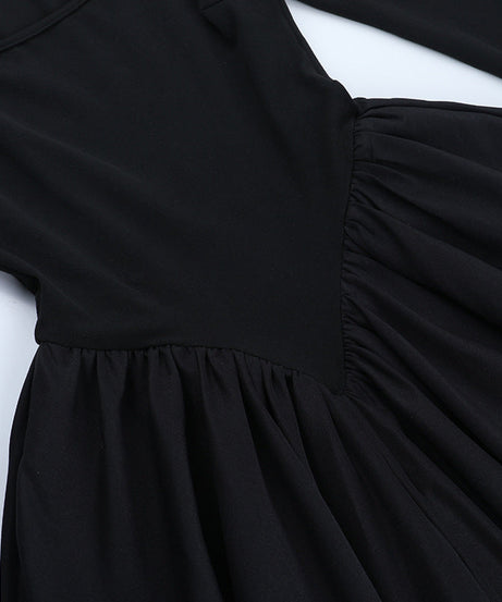 Fall & Holiday Ready: Chic Black Square Neck Long Sleeve Mini Dress - Flattering Ruched Skater