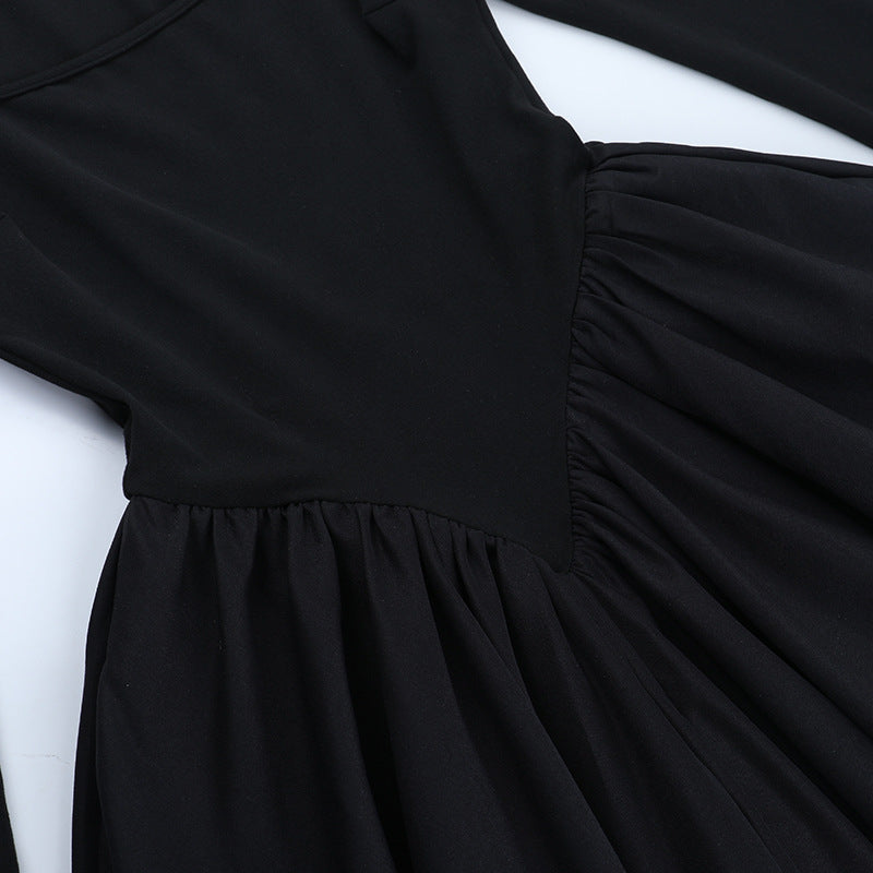 Fall & Holiday Ready: Chic Black Square Neck Long Sleeve Mini Dress - Flattering Ruched Skater