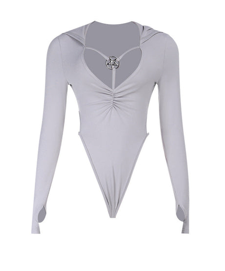Mystic Pentagram Hooded Bodysuit | Edgy Long Sleeve Thumbhole Fall Top