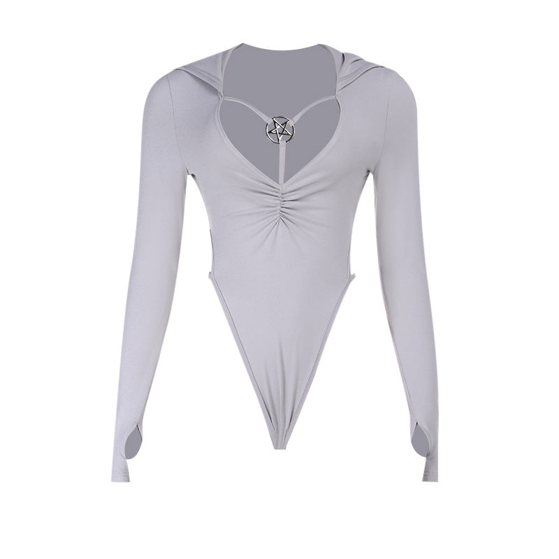 Mystic Pentagram Hooded Bodysuit | Edgy Long Sleeve Thumbhole Fall Top