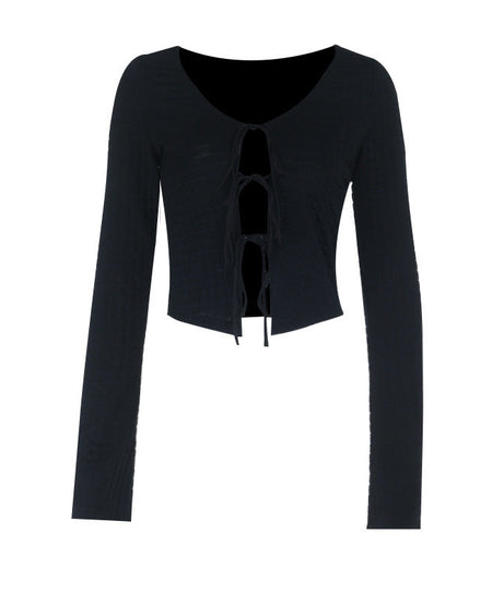 Fall Chic Tie-Front V-Neck Long Sleeve Cropped Top for Women - Versatile & Trendy