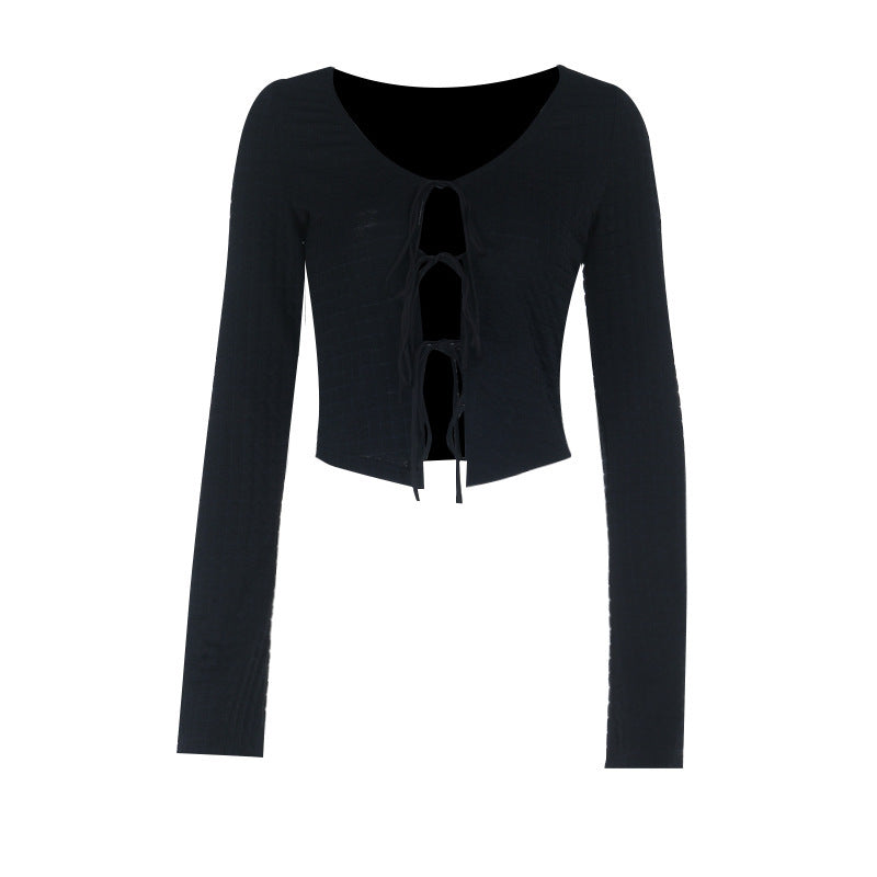 Fall Chic Tie-Front V-Neck Long Sleeve Cropped Top for Women - Versatile & Trendy
