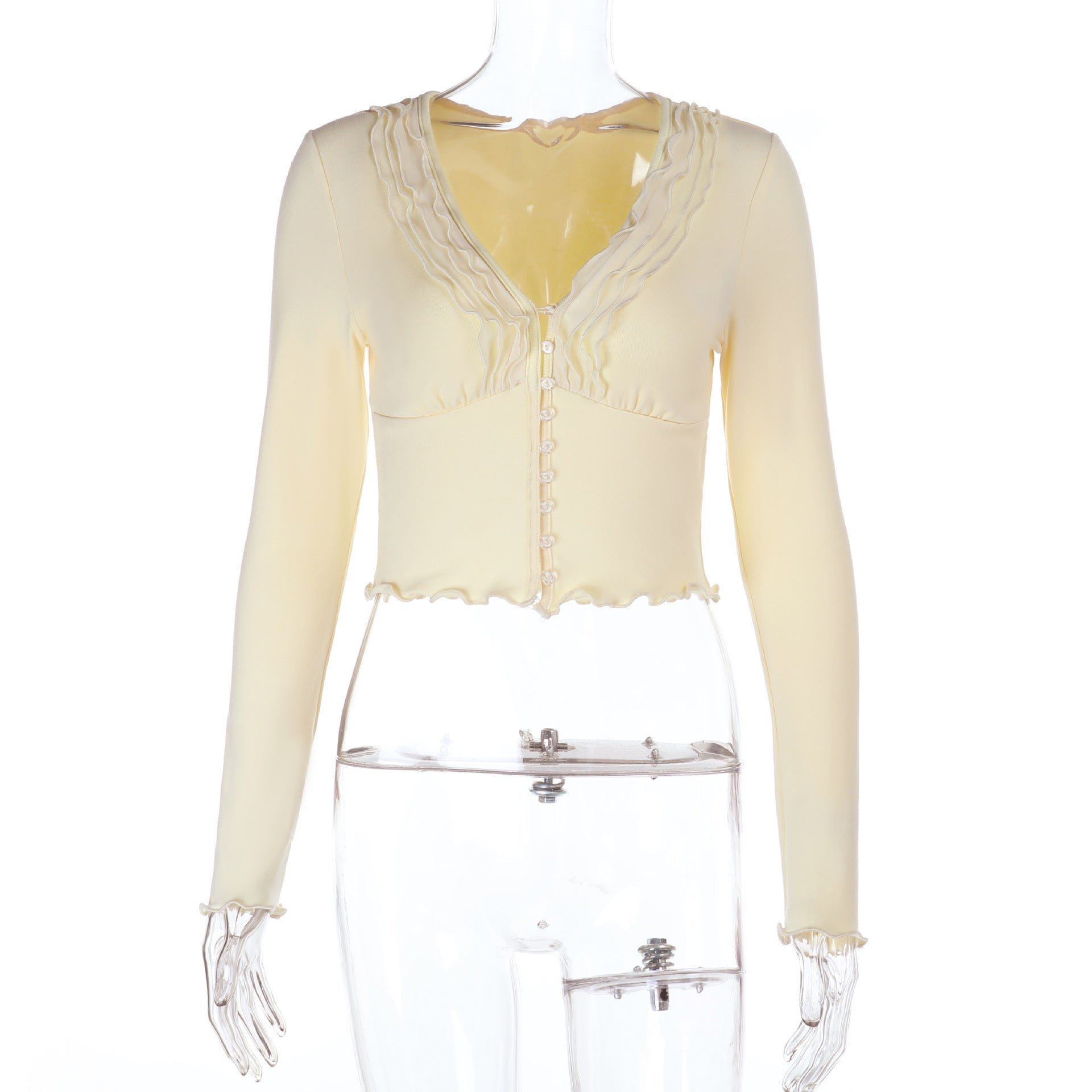 Cozy Fall Chic: Dainty Ruffle V-Neck Button-Front Cropped Top | Buttermilk Bliss